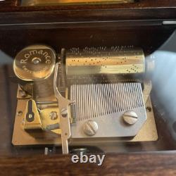 REUGE Music Box, Solid Walnut Wood Inlaid Box, Antique Figurine