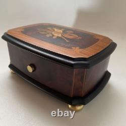 REUGE Music Box, Solid Walnut Wood Inlaid Box, Antique Figurine