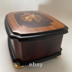 REUGE Music Box, Solid Walnut Wood Inlaid Box, Antique Figurine