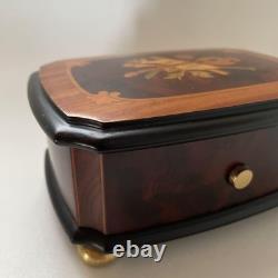 REUGE Music Box, Solid Walnut Wood Inlaid Box, Antique Figurine