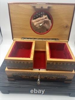 REUGE SWISS Music Jewelry Box, Lovely Marquetry Plays Music Ballerina Missing