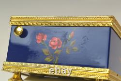 REUGE Singing Bird Box Blue Flowers 4.7in Made in Switzerland Music box