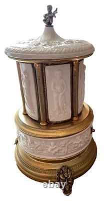 REUGE Swiss Music Box Porcelain Cigar Lipstick Holder Gold White Ballerina
