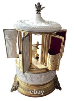 REUGE Swiss Music Box Porcelain Cigar Lipstick Holder Gold White Ballerina