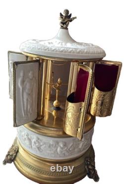REUGE Swiss Music Box Porcelain Cigar Lipstick Holder Gold White Ballerina