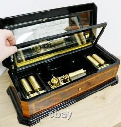Rare Vintage Swiss Reuge Inlaid Walnut & Ebonised 5 Barrel Musical Music Box