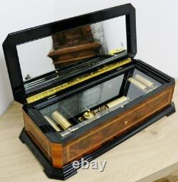 Rare Vintage Swiss Reuge Inlaid Walnut & Ebonised 5 Barrel Musical Music Box