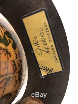 Rare Wooden Old World Globe Reuge Music Box 8 Tall Swiss Movement Italy