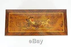 Reuge 144 Note Inlaid Burl Music Box with Horse & Carriage Motif Offenbach Music