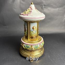 Reuge Capodimonte Porcelain Musical Lipstick Cigarette Carousel Music Box Rare