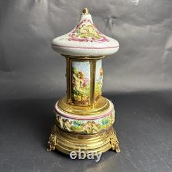 Reuge Capodimonte Porcelain Musical Lipstick Cigarette Carousel Music Box Rare