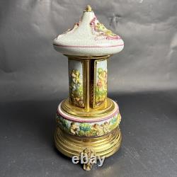 Reuge Capodimonte Porcelain Musical Lipstick Cigarette Carousel Music Box Rare