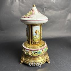 Reuge Capodimonte Porcelain Musical Lipstick Cigarette Carousel Music Box Rare