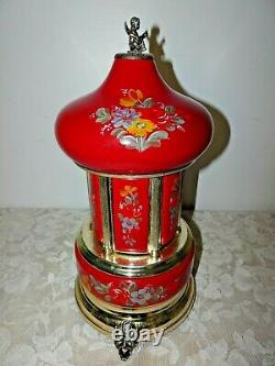 Reuge Carousel Music Box Cigarette Lipstick Holder Red Gold Floral Outstanding