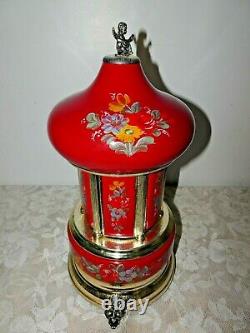 Reuge Carousel Music Box Cigarette Lipstick Holder Red Gold Floral Outstanding
