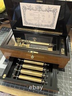 Reuge Inlaid Case 72 Valve/key, 5 Cylinder 15 Songs Music Box Interchange in box