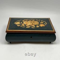 Reuge Inlaid Floral Jewelry Music Box Green Rectangle Italy Song Yesterday