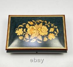 Reuge Inlaid Floral Jewelry Music Box Green Rectangle Italy Song Yesterday