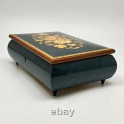 Reuge Inlaid Floral Jewelry Music Box Green Rectangle Italy Song Yesterday