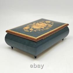 Reuge Inlaid Floral Jewelry Music Box Green Rectangle Italy Song Yesterday