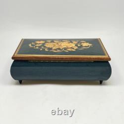Reuge Inlaid Floral Jewelry Music Box Green Rectangle Italy Song Yesterday