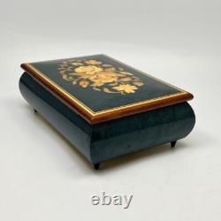 Reuge Inlaid Floral Jewelry Music Box Green Rectangle Italy Song Yesterday