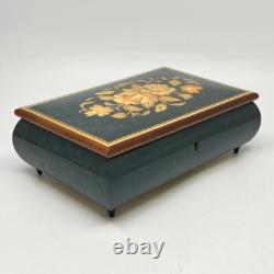 Reuge Inlaid Floral Jewelry Music Box Green Rectangle Italy Song Yesterday