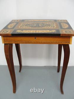 Reuge Italian Inlaid Marquetry Music Jewelry Box Sewing Side Storage Table Vtg