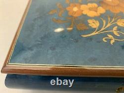 Reuge Music Box 18 Note Edelweiss Blue with Flower Inlay 8 1/2 Wide