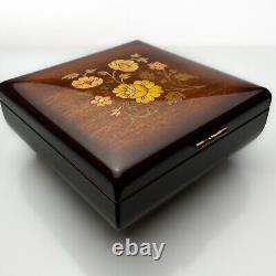 Reuge Music Box 36 Note Movement Burl-Walnut Inlaid Floral Detail