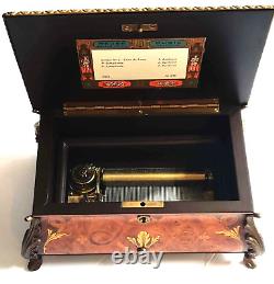 Reuge Music Box 72 Note 3 Tunes Luxury Wood Bronze 9.5x6.5 Beethoven 5, 9, Clai