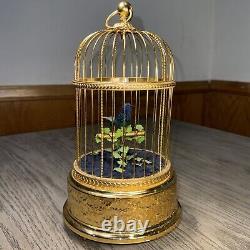 Reuge Music Box Singing Bird Blue Bird Birdcage Interior Swiss-Made Antique