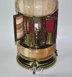 Reuge Stone Onyx Swiss Music Box Carousel 6-Panel Lipstick Cigarette Fascination