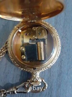 Reuge Swiss Mens Pocket Music Box Floral Design Rare Collectible With Chain