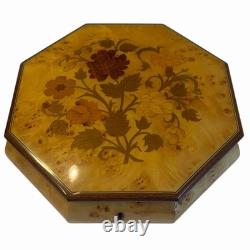 Reuge Vintage 1980s Swiss Music Box Jewelry Octagon Burl Floral Inlay Wood