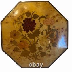 Reuge Vintage 1980s Swiss Music Box Jewelry Octagon Burl Floral Inlay Wood
