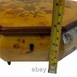 Reuge Vintage 1980s Swiss Music Box Jewelry Octagon Burl Floral Inlay Wood