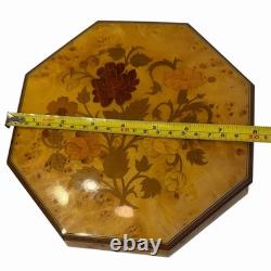 Reuge Vintage 1980s Swiss Music Box Jewelry Octagon Burl Floral Inlay Wood