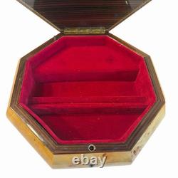Reuge Vintage 1980s Swiss Music Box Jewelry Octagon Burl Floral Inlay Wood