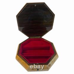 Reuge Vintage 1980s Swiss Music Box Jewelry Octagon Burl Floral Inlay Wood