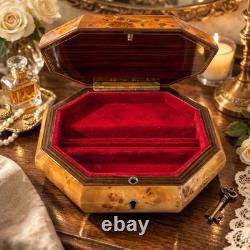 Reuge Vintage 1980s Swiss Music Box Jewelry Octagon Burl Floral Inlay Wood