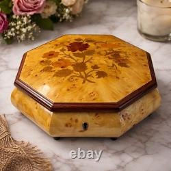 Reuge Vintage 1980s Swiss Music Box Jewelry Octagon Burl Floral Inlay Wood