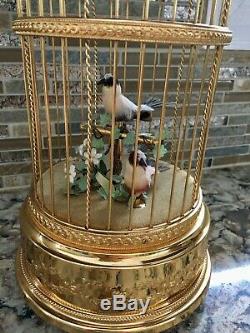 Reuge Voliere de la Cour Singing Birds in Gilt Cage music box Perfect Conditio