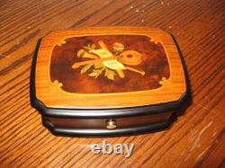 Reuge music box & Italian marquetry inlay of musical instruments on Burl Wood