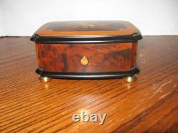 Reuge music box & Italian marquetry inlay of musical instruments on Burl Wood