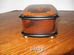 Reuge music box & Italian marquetry inlay of musical instruments on Burl Wood
