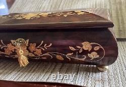 Sorento Italy Handcrafted Musical Wood Inlay Music Jewelry Trinket Box & Key Big