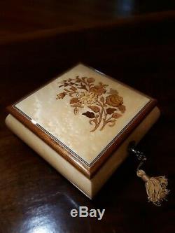 Sorrento Reuge Inlaid Burl Wood Music & Jewelry Box With Keyexcellent Condition