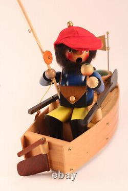 Steinbach Fisherman in Boat Music Box Carved Wood Smoker Incense Burner Germany
