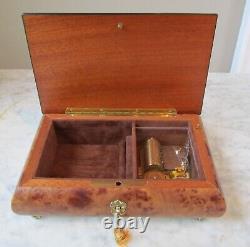 Stunning Sorrento Walnut Burl Inlay Music Jewelry Box, Key Reuge Romance #1980